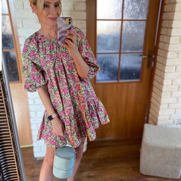 Zara Puff Shoulder Cotton Print Dress NWT - Picture 12 of 16